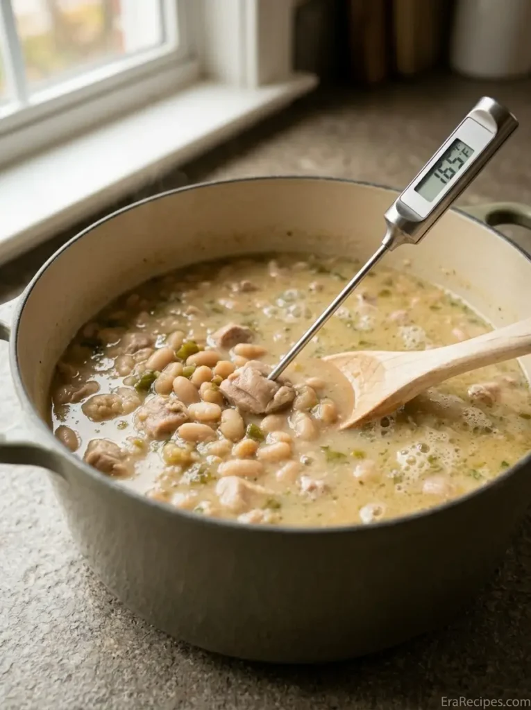 Creamy White Chicken Chili for Cooler Nights Creamy White Chicken Chili White chicken chili simmering with chicken, beans, broth, and green chiles