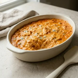Buffalo Chicken Dip for Football Parties Buffalo Chicken Dip Creamy Buffalo Chicken Dip with shredded chicken and blue cheese in a shallow baking dish