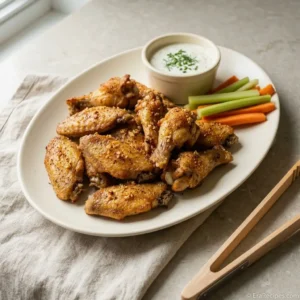 Crispy Baked Chicken Wings for Game Day Crispy Baked Chicken Wings Crispy Baked Chicken Wings with garlic chili seasoning and simple dipping vegetables