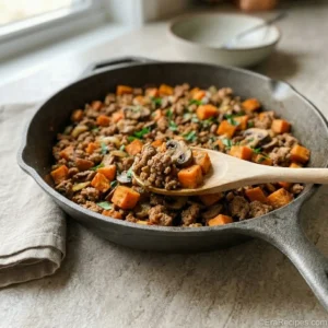 Ground Turkey Sweet Potato Skillet under 30 Minutes Ground Turkey Sweet Potato Skillet Ground Turkey Sweet Potato Skillet with tender sweet potatoes and mushrooms