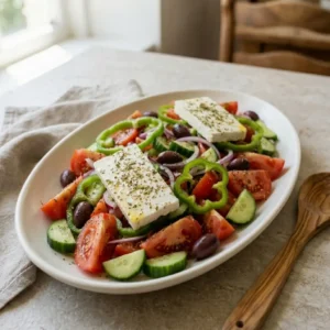 Mediterranean Greek Salad with Feta & Olives for Summer Mediterranean Greek Salad with Feta & Olives Mediterranean Greek Salad with tomatoes, cucumber, green pepper, red onion, Kalamata olives, and feta
