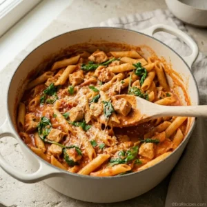 One-Pot Chicken Spinach Pasta under 30 Minutes One-Pot Chicken Spinach Pasta Creamy One-Pot Chicken Spinach Pasta with penne, marinara, and Parmesan