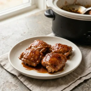 Slow Cooker Honey Garlic Chicken for Busy Families Slow Cooker Honey Garlic Chicken Slow Cooker Honey Garlic Chicken thighs coated in a glossy sweet and savory garlic sauce